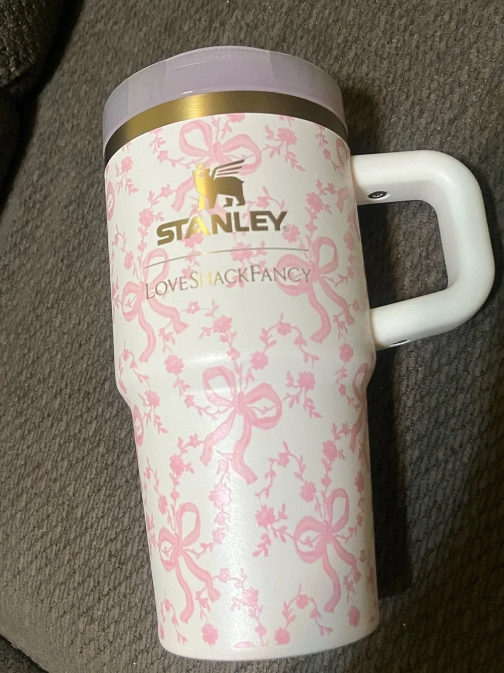 LoveShackFancy Stanley Pink and Gold bow flip top
